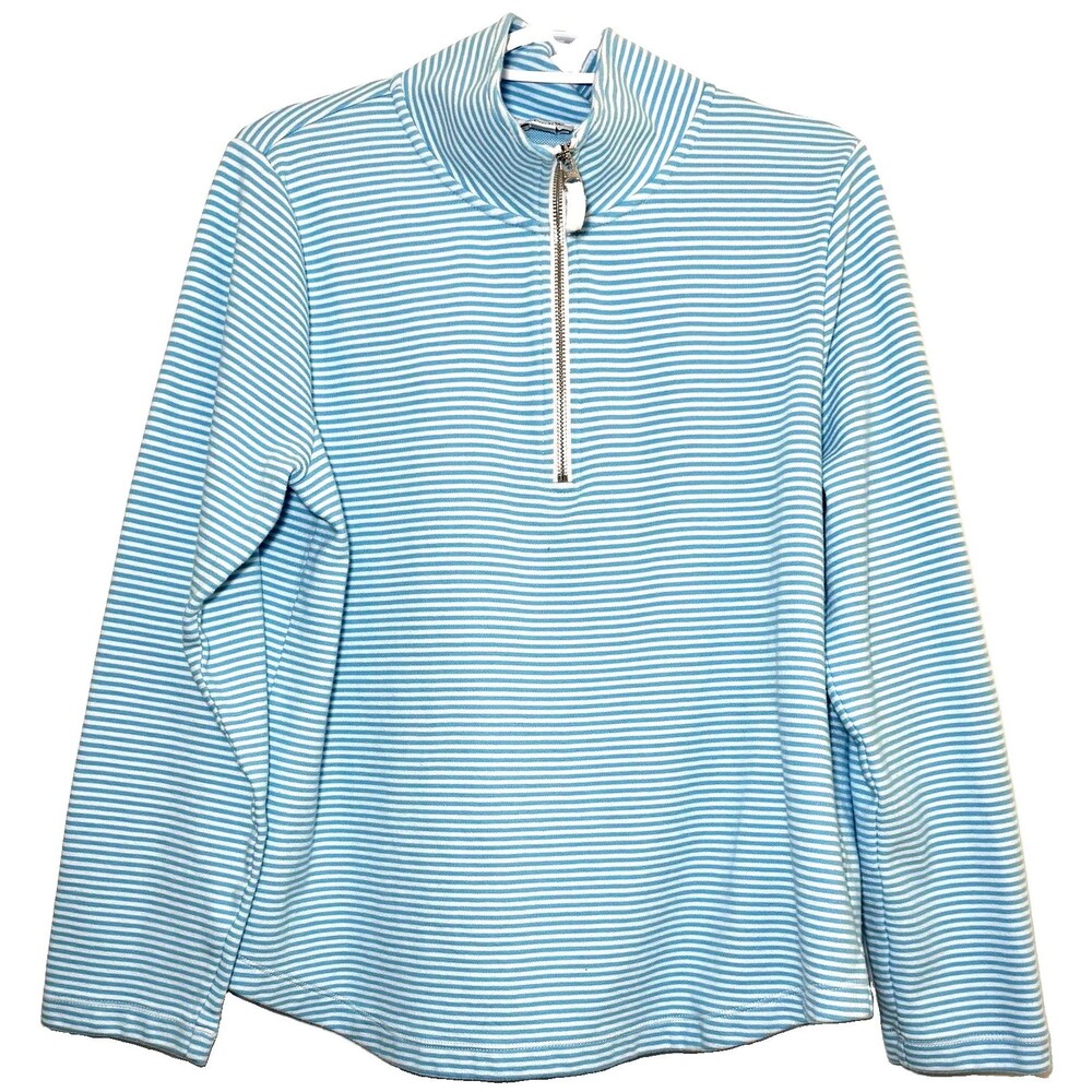 J.Crew Factory Striped Terry Half Zip Pullover Blue White Cotton Blend L